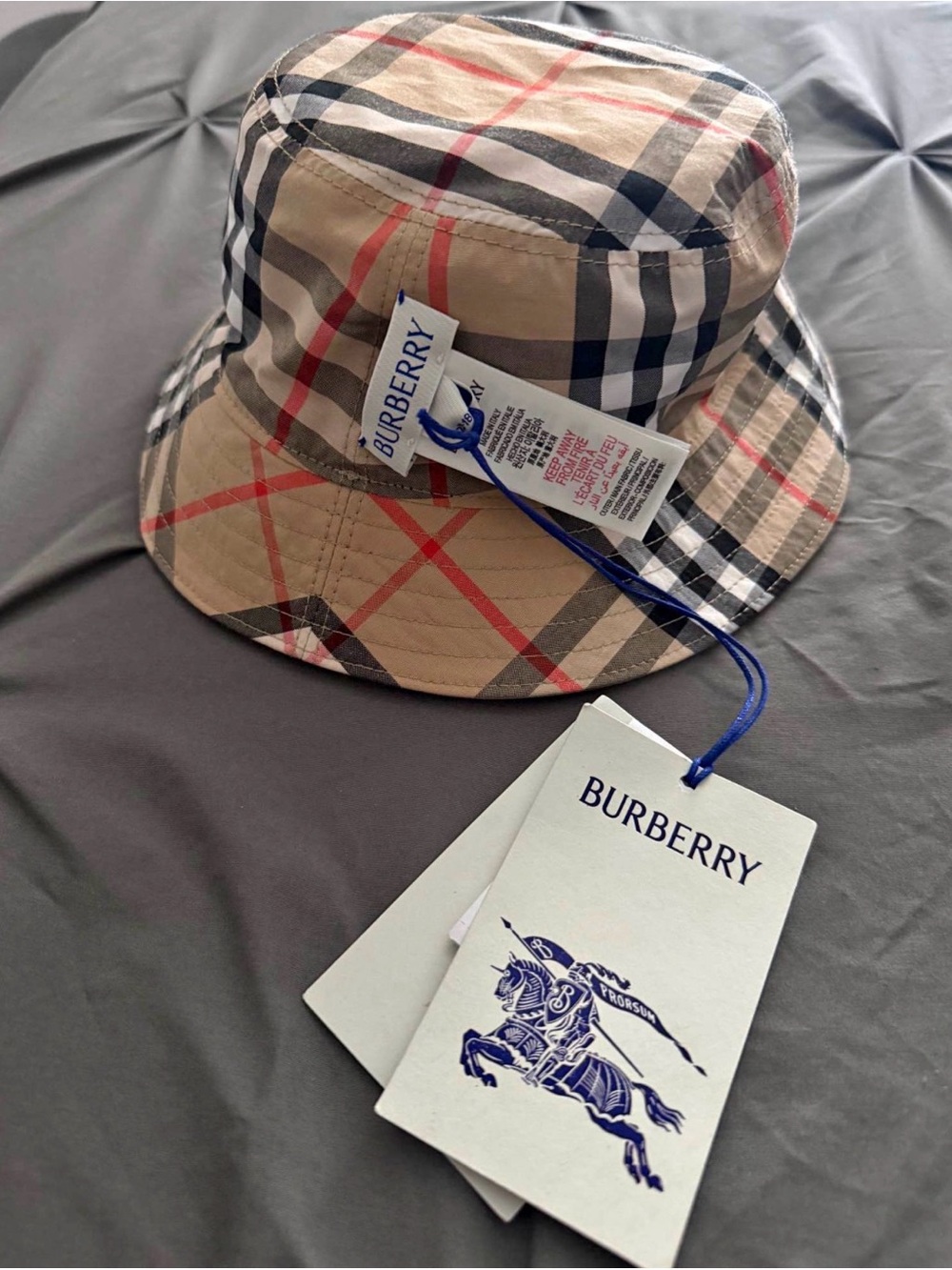 Burberry Beige Nova Check Bucket Hat with Red & Black Accents
